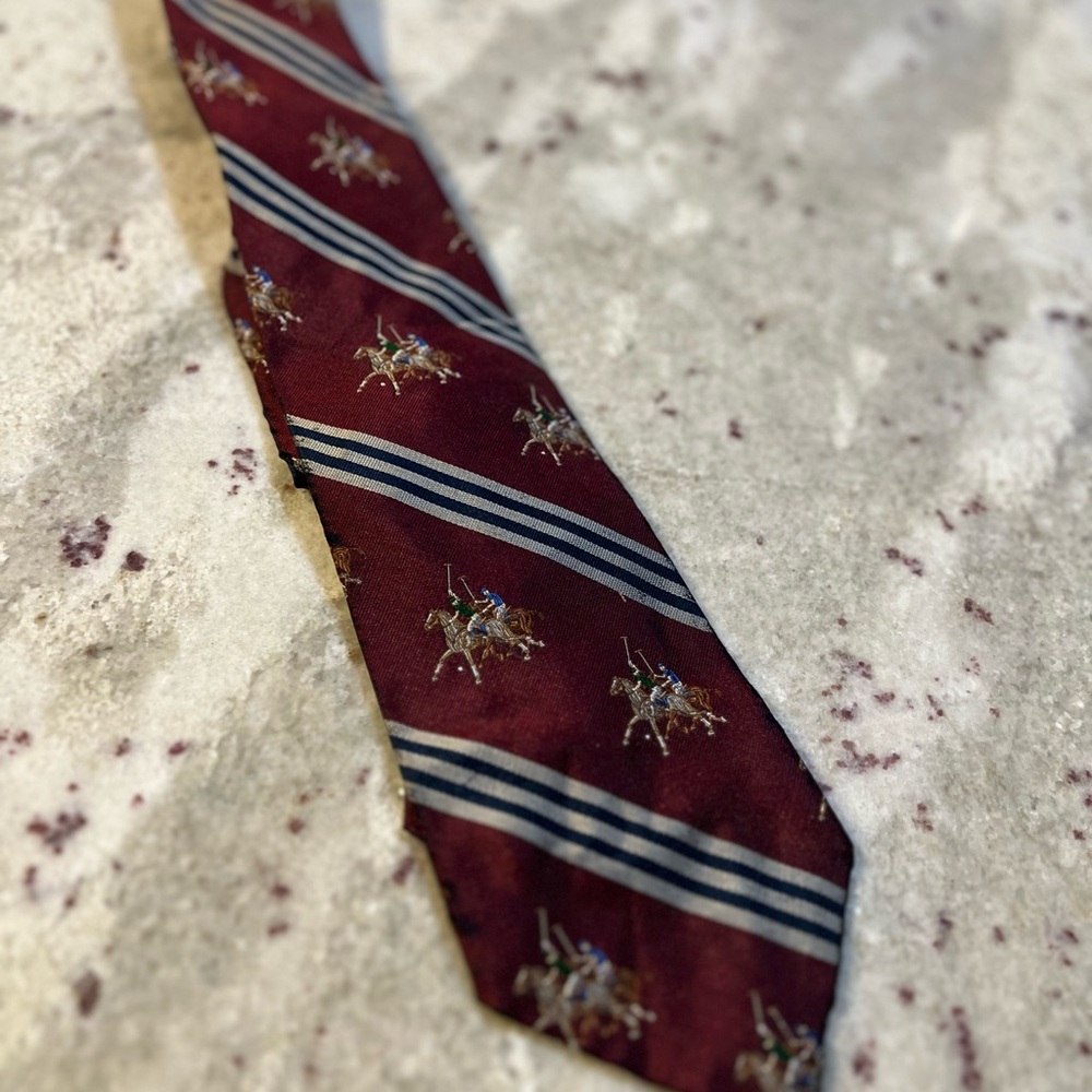Polo Ralph Lauren Silk‎ Tie Burgundy Red Equestrian Polo Player Repp Stripe USA